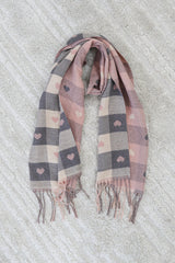 Minka Scarf - Soft Cozy Wrap Scarf with Heart and Check Print in Pink