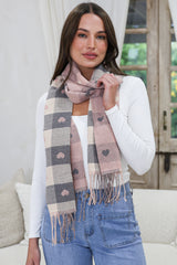 Minka Scarf - Soft Cozy Wrap Scarf with Heart and Check Print in Pink