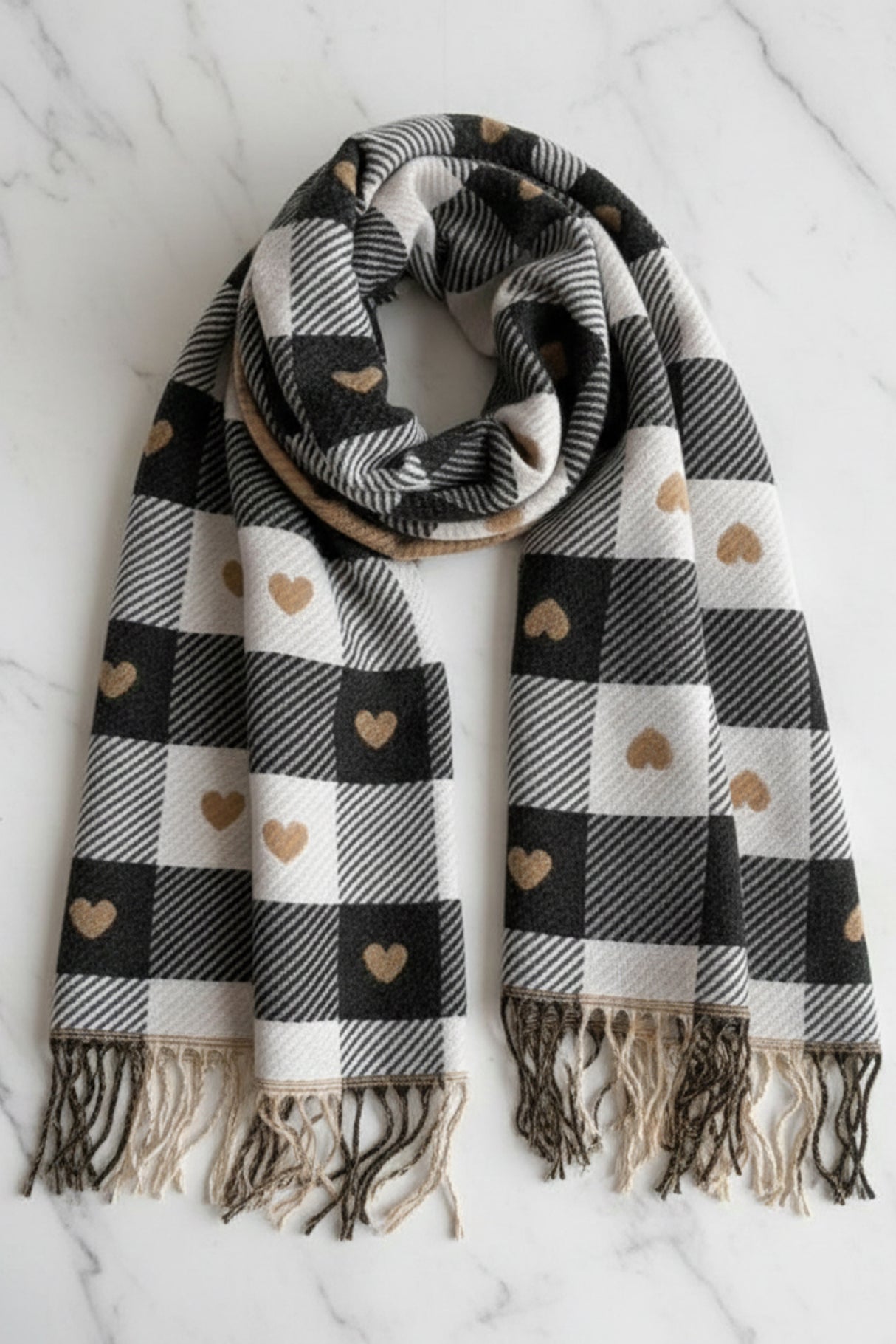 Minka Scarf - Soft Cozy Wrap Scarf with Heart and Check Print in Black