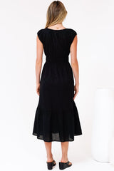 Miramar Midi Dress - V-Neck Gathered Bust Cap Sleeve Dress with Pockets in Black