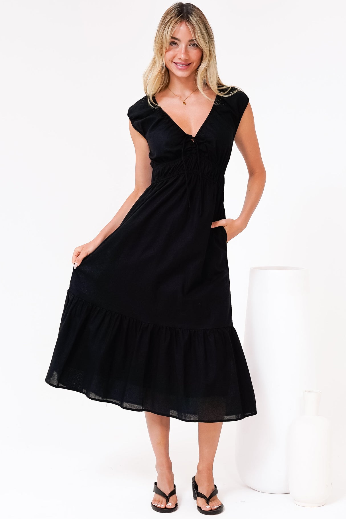 Miramar Midi Dress - V-Neck Gathered Bust Cap Sleeve Dress with Pockets in Black
