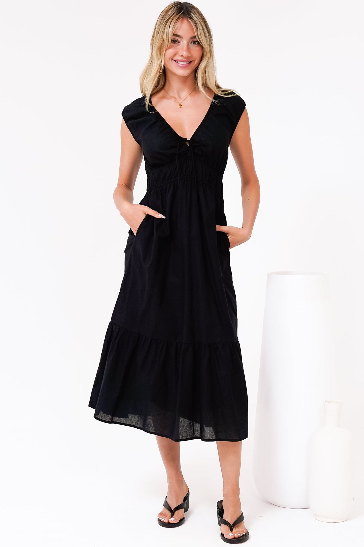 Miramar Midi Dress - V-Neck Gathered Bust Cap Sleeve Dress with Pockets in Black
