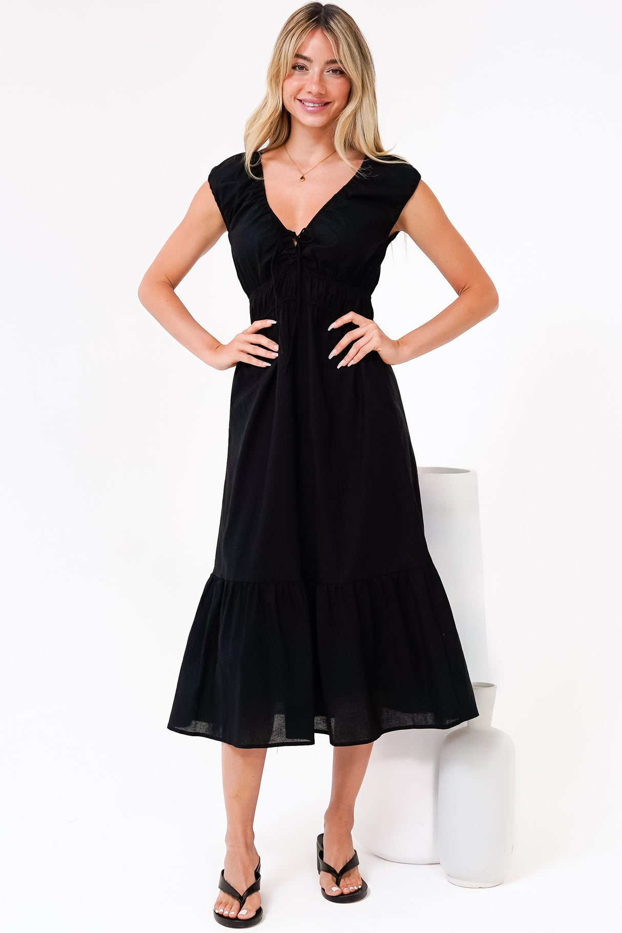 Miramar Midi Dress - V-Neck Gathered Bust Cap Sleeve Dress with Pockets in Black