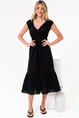 Miramar Midi Dress - V-Neck Gathered Bust Cap Sleeve Dress with Pockets in Black