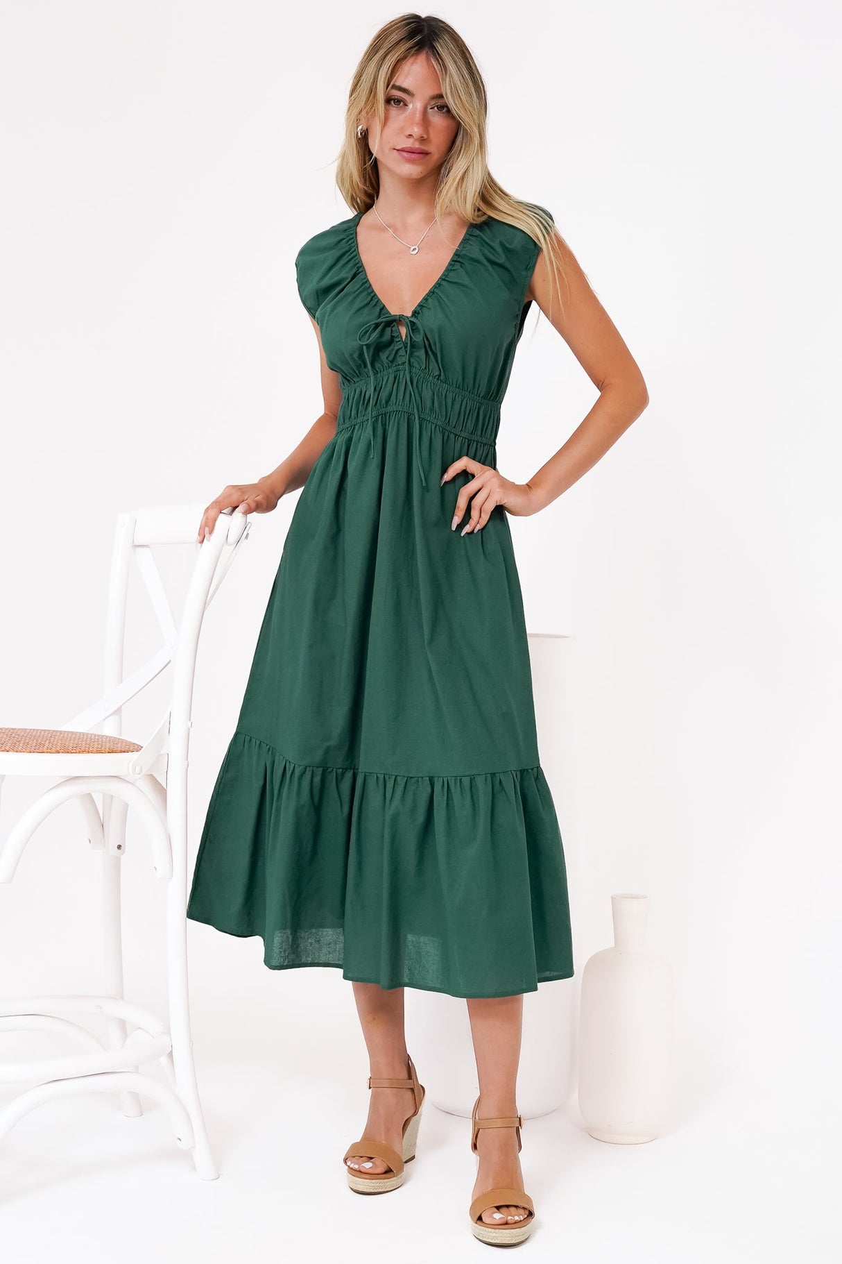 Miramar Midi Dress - V-Neck Gathered Bust Cap Sleeve Dress with Pockets in Emerald