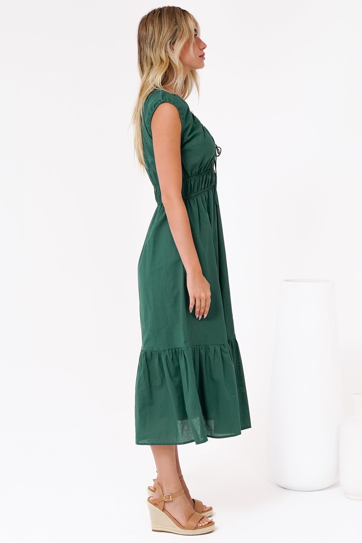 Miramar Midi Dress - V-Neck Gathered Bust Cap Sleeve Dress with Pockets in Emerald