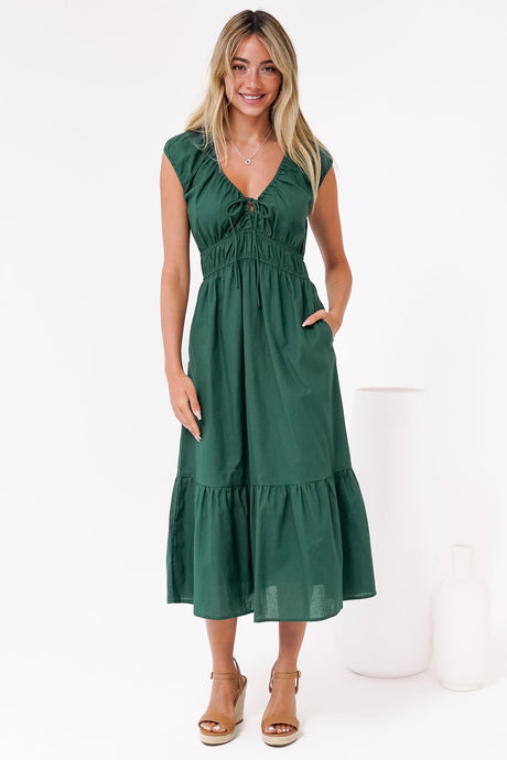 Miramar Midi Dress - V-Neck Gathered Bust Cap Sleeve Dress with Pockets in Emerald