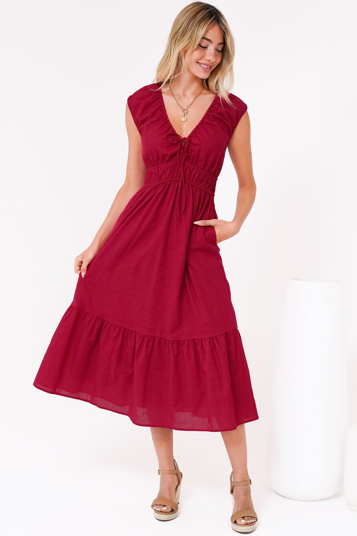 Miramar Midi Dress - V-Neck Gathered Bust Cap Sleeve Dress with Pockets in Red