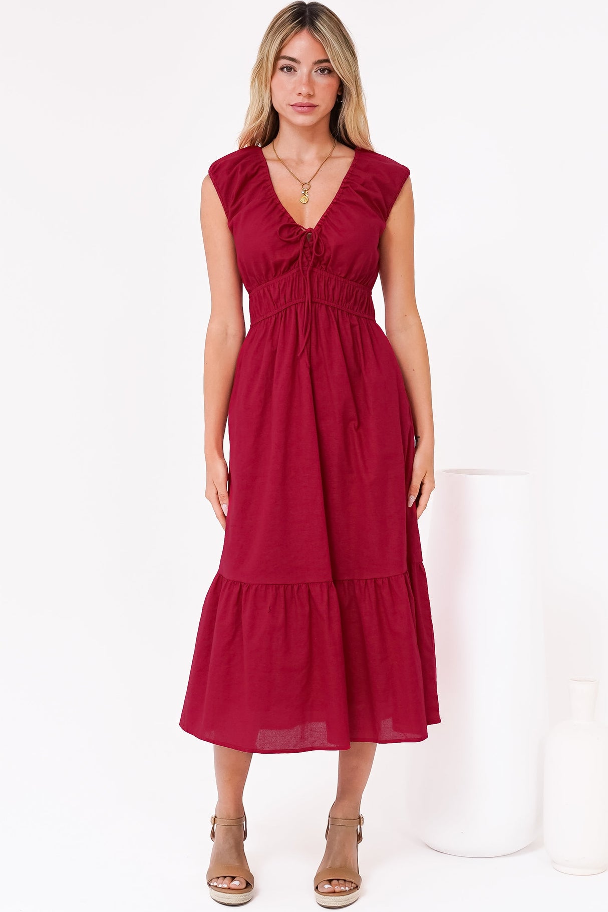 Miramar Midi Dress - V-Neck Gathered Bust Cap Sleeve Dress with Pockets in Red