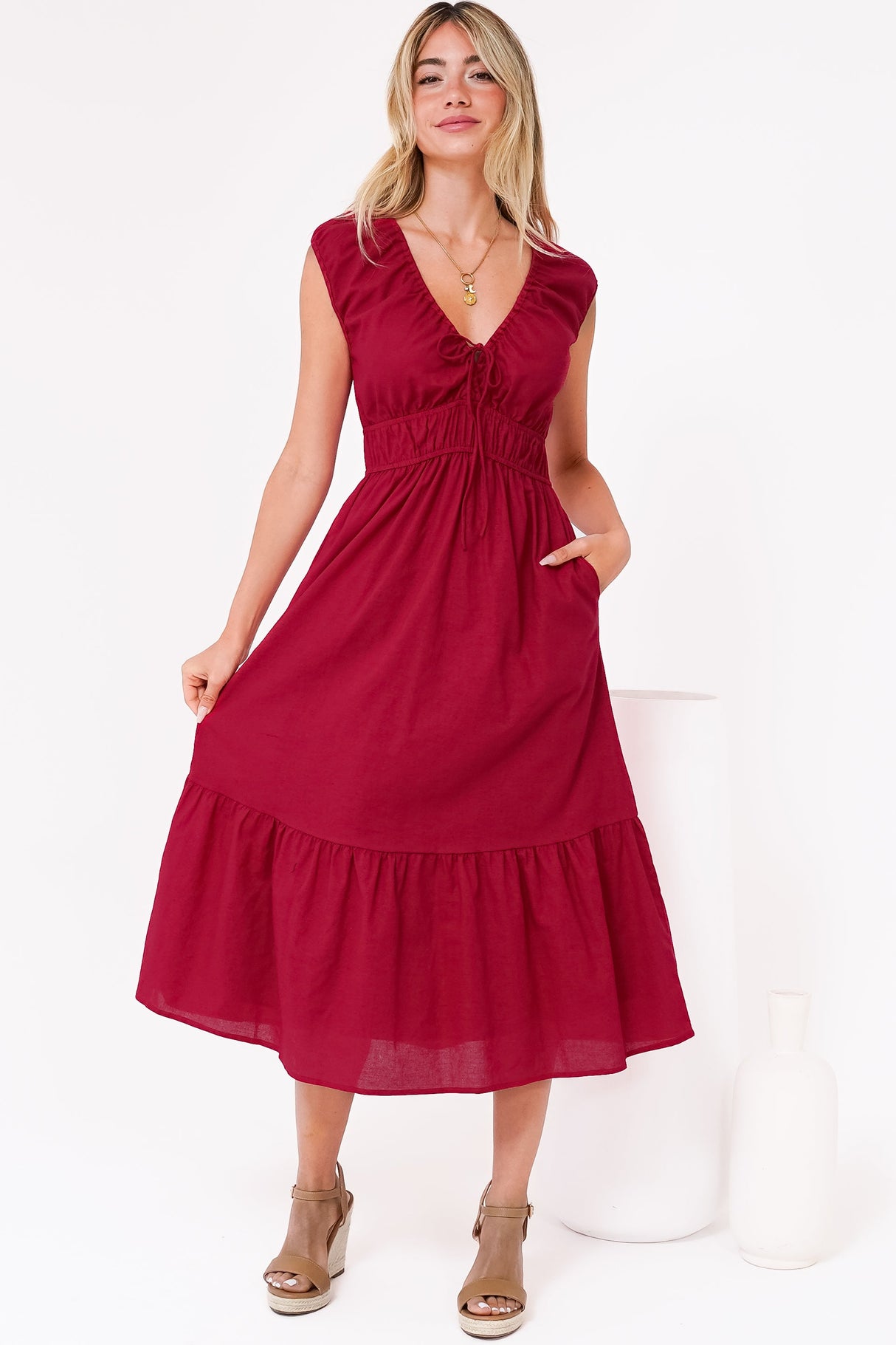 Miramar Midi Dress - V-Neck Gathered Bust Cap Sleeve Dress with Pockets in Red