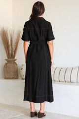 Miranda Midi Dress - Contrast Stitching Shirt Dress with Matching Waist Tie in Black
