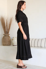 Miranda Midi Dress - Contrast Stitching Shirt Dress with Matching Waist Tie in Black