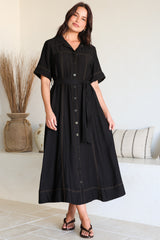 Miranda Midi Dress - Contrast Stitching Shirt Dress with Matching Waist Tie in Black