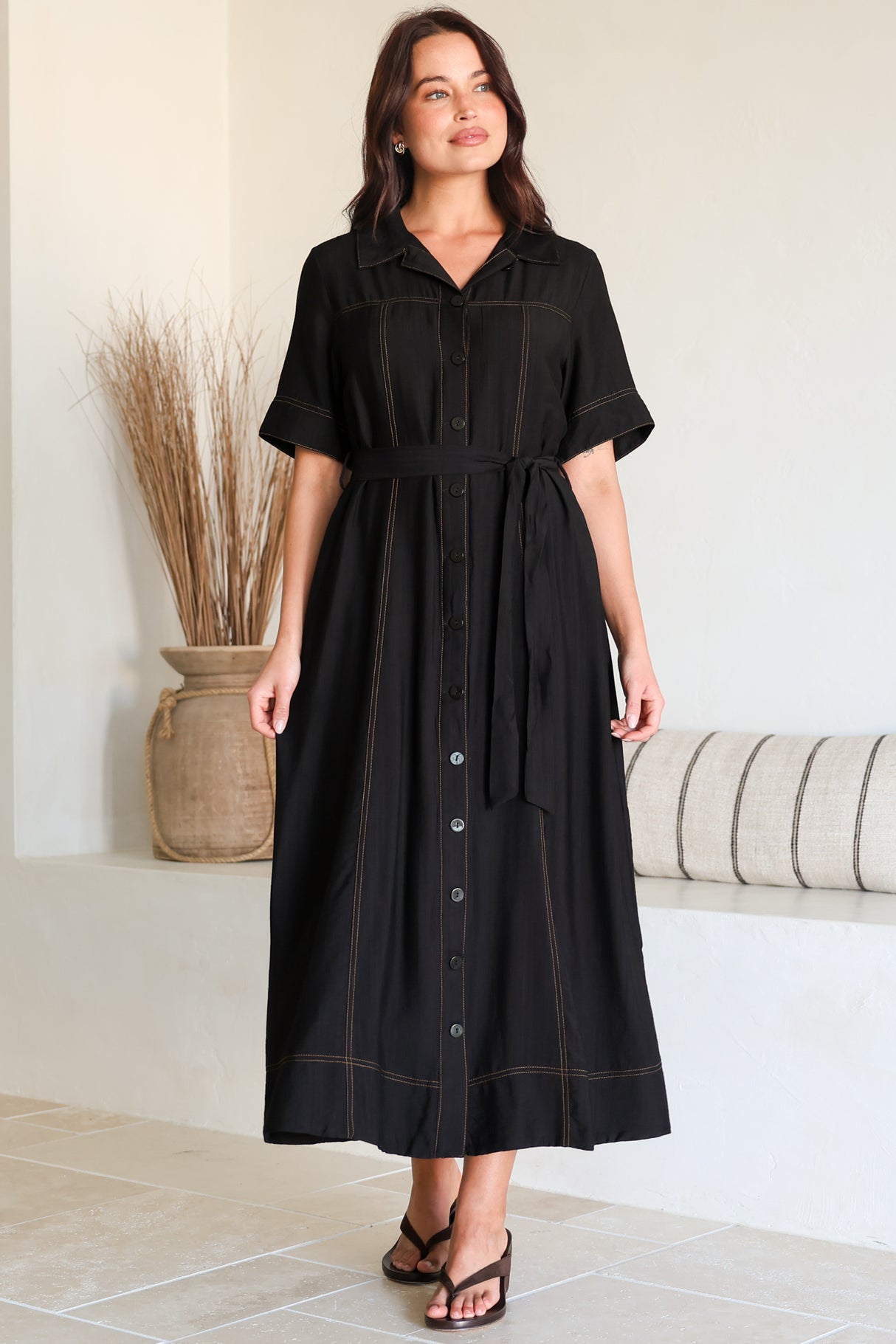 Miranda Midi Dress - Contrast Stitching Shirt Dress with Matching Waist Tie in Black