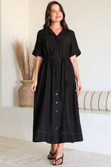 Miranda Midi Dress - Contrast Stitching Shirt Dress with Matching Waist Tie in Black
