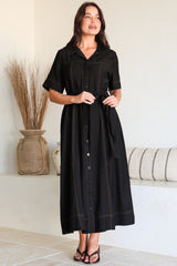 Miranda Midi Dress - Contrast Stitching Shirt Dress with Matching Waist Tie in Black