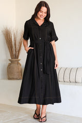 Miranda Midi Dress - Contrast Stitching Shirt Dress with Matching Waist Tie in Black