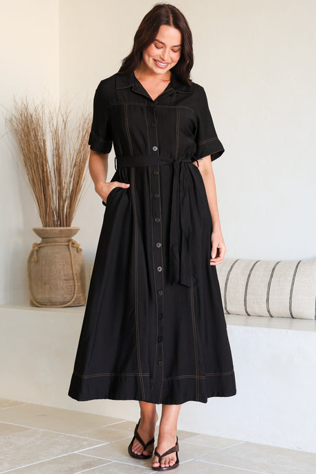 Miranda Midi Dress - Contrast Stitching Shirt Dress with Matching Waist Tie in Black