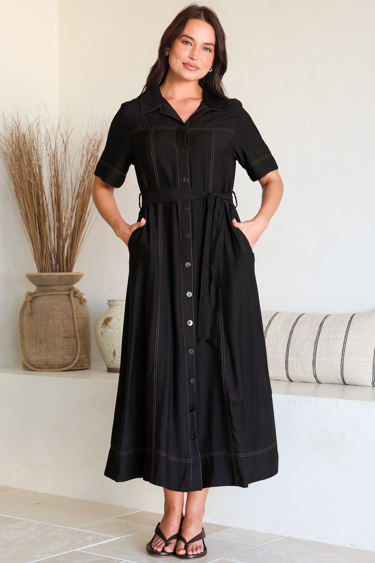 Miranda Midi Dress - Contrast Stitching Shirt Dress with Matching Waist Tie in Black
