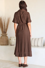 Miranda Midi Dress - Contrast Stitching Shirt Dress with Matching Waist Tie in Chocolate