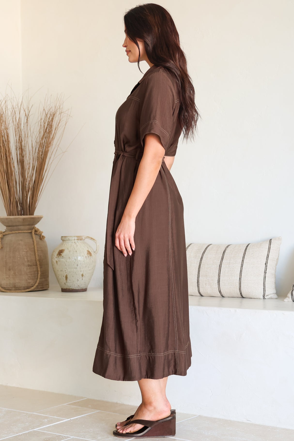 Miranda Midi Dress - Contrast Stitching Shirt Dress with Matching Waist Tie in Chocolate