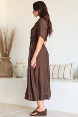 Miranda Midi Dress - Contrast Stitching Shirt Dress with Matching Waist Tie in Chocolate