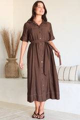 Miranda Midi Dress - Contrast Stitching Shirt Dress with Matching Waist Tie in Chocolate