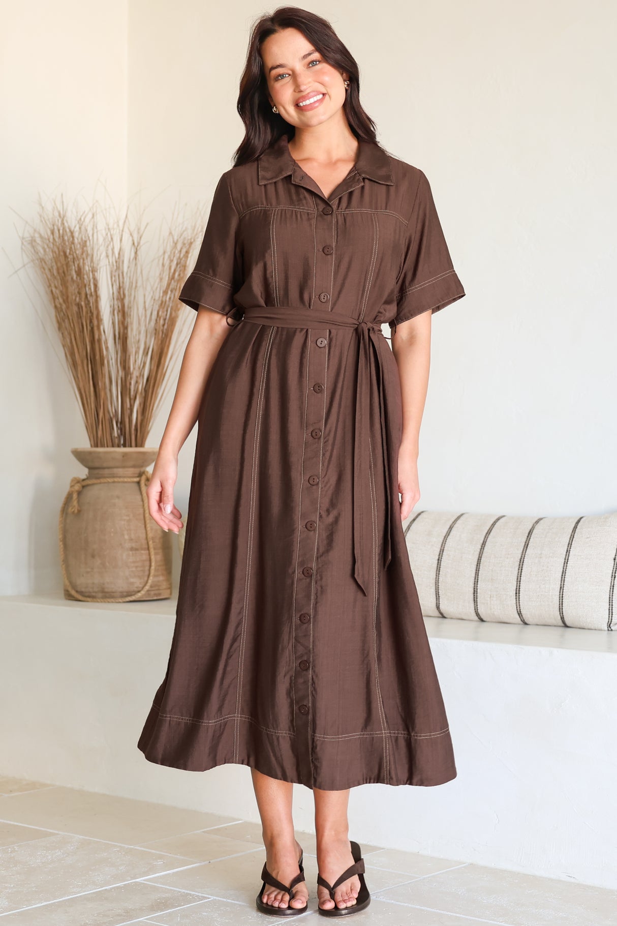 Miranda Midi Dress - Contrast Stitching Shirt Dress with Matching Waist Tie in Chocolate