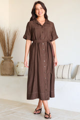 Miranda Midi Dress - Contrast Stitching Shirt Dress with Matching Waist Tie in Chocolate