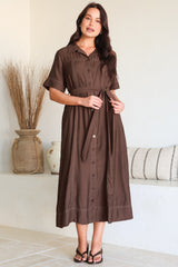 Miranda Midi Dress - Contrast Stitching Shirt Dress with Matching Waist Tie in Chocolate