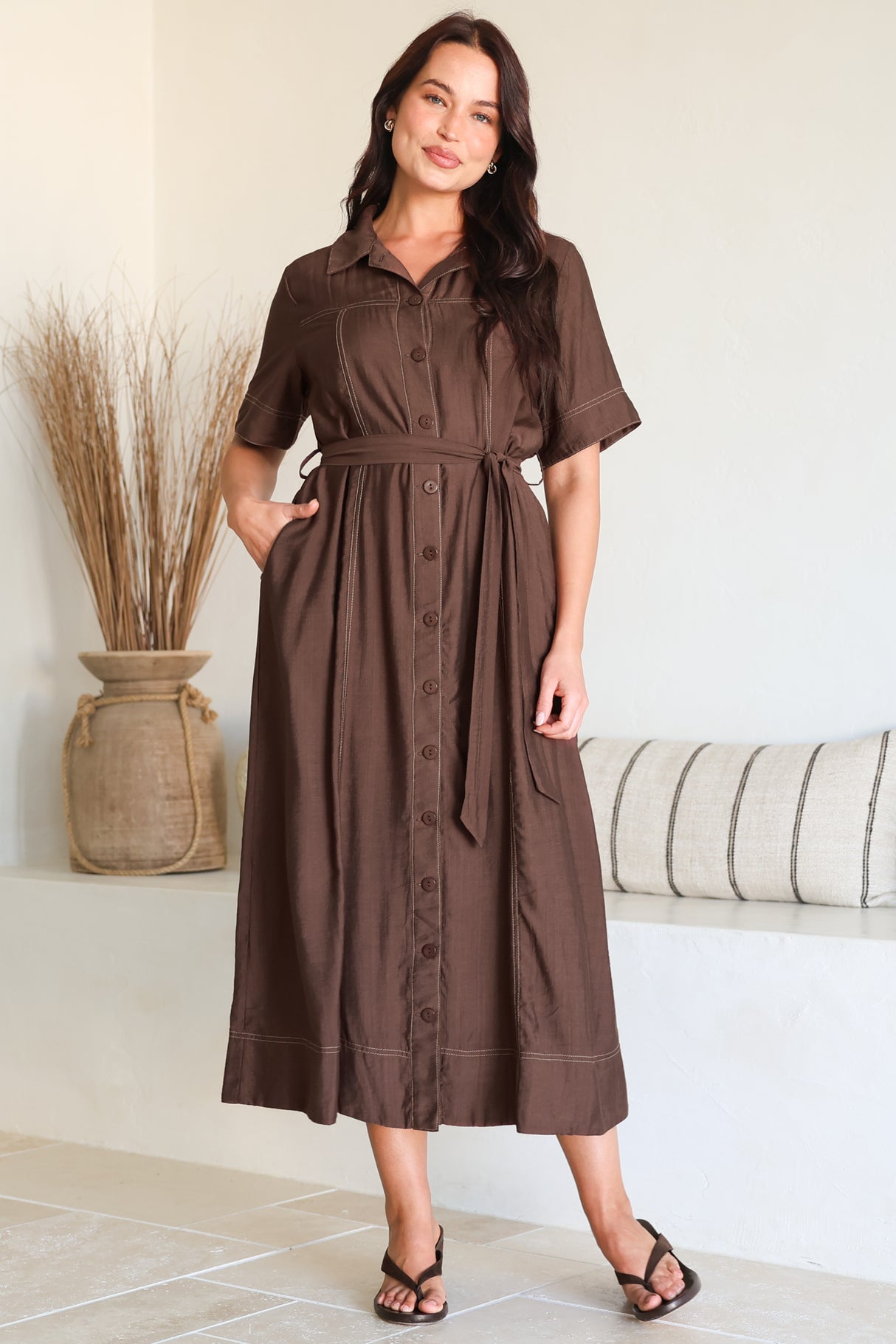 Miranda Midi Dress - Contrast Stitching Shirt Dress with Matching Waist Tie in Chocolate
