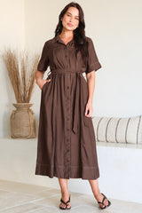 Miranda Midi Dress - Contrast Stitching Shirt Dress with Matching Waist Tie in Chocolate