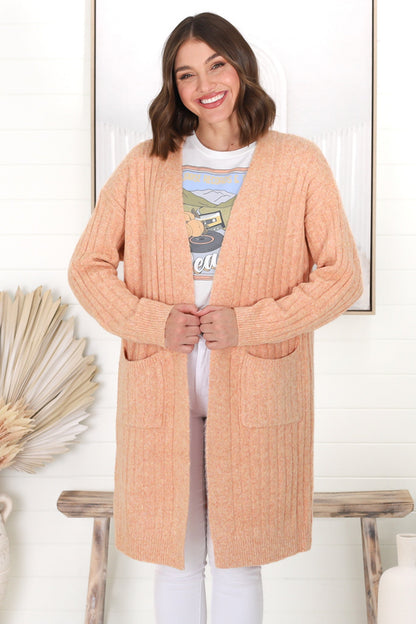 Mireena Cardigan - Ribbed Open Front Cardigan with Pockets in Orange