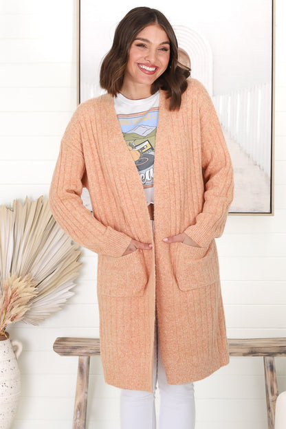 Mireena Cardigan - Ribbed Open Front Cardigan with Pockets in Orange