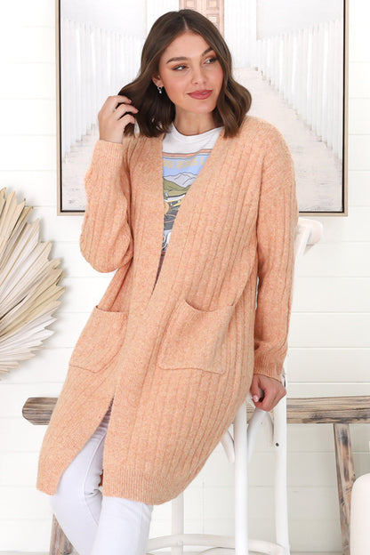 Mireena Cardigan - Ribbed Open Front Cardigan with Pockets in Orange