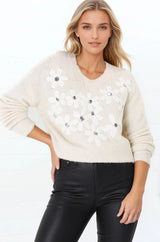 Mirela Jumper - Embroidered Flower Detail V Neck Jumper in Cream