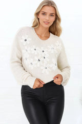 Mirela Jumper - Embroidered Flower Detail V Neck Jumper in Cream