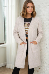 Mireena Cardigan - Ribbed Open Front Cardigan with Pockets in Cream