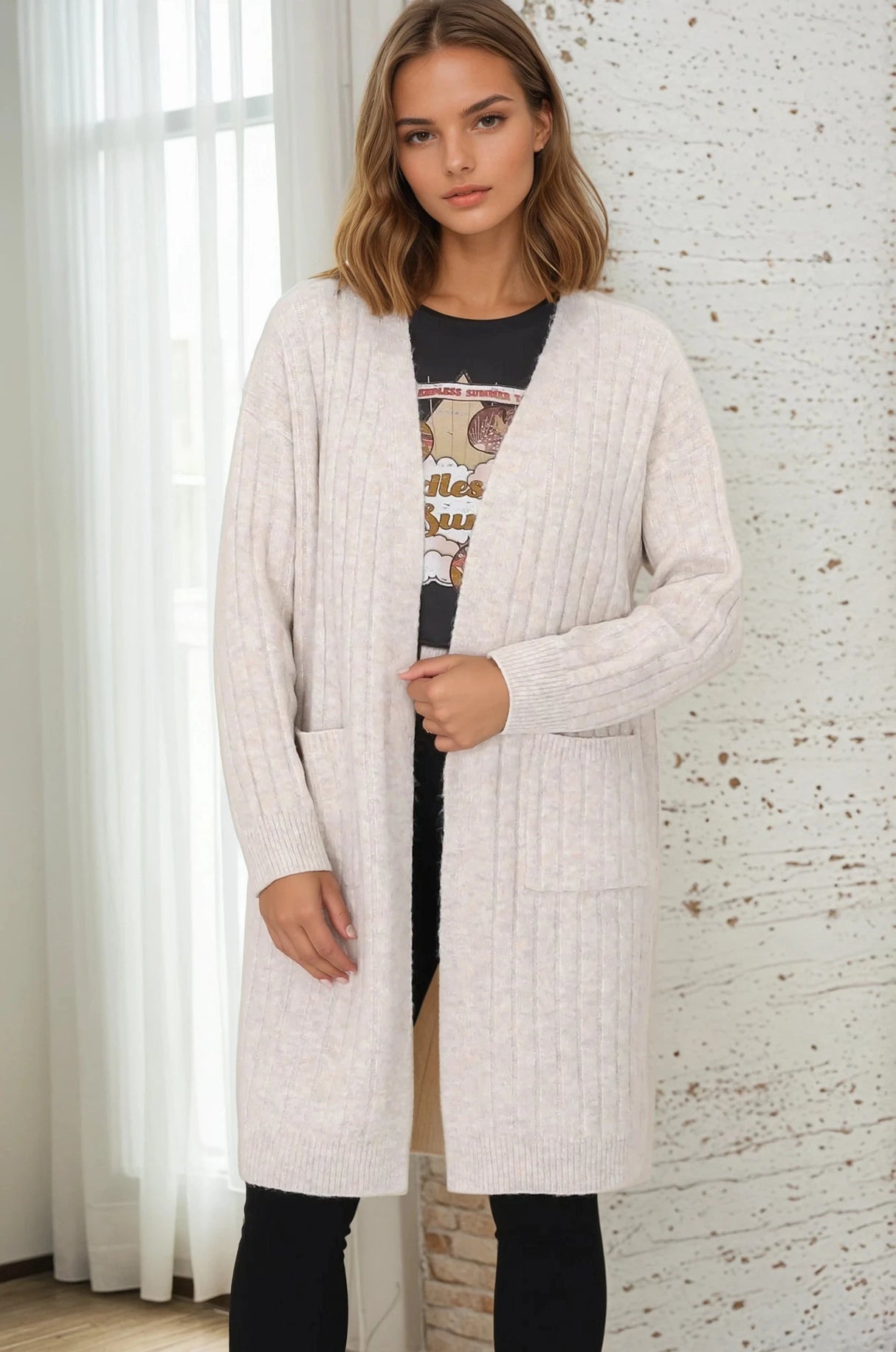 Mireena Cardigan - Ribbed Open Front Cardigan with Pockets in Cream