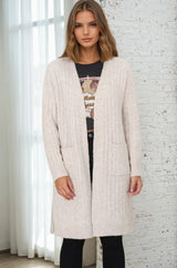 Mireena Cardigan - Ribbed Open Front Cardigan with Pockets in Cream