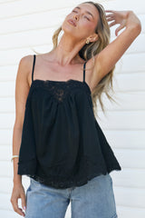 Mireya Cami - Lace Trim Top with Adjustable Spaghetti Straps in Black