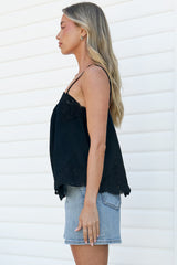 Mireya Cami - Lace Trim Top with Adjustable Spaghetti Straps in Black