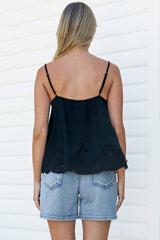 Mireya Cami - Lace Trim Top with Adjustable Spaghetti Straps in Black