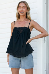Mireya Cami - Lace Trim Top with Adjustable Spaghetti Straps in Black