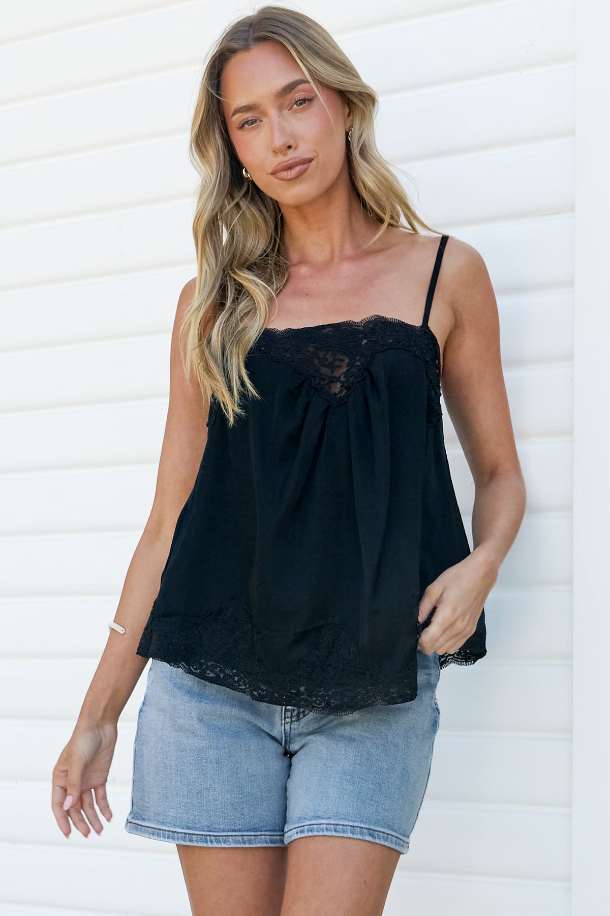 Mireya Cami - Lace Trim Top with Adjustable Spaghetti Straps in Black