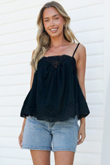 Mireya Cami - Lace Trim Top with Adjustable Spaghetti Straps in Black