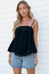 Mireya Cami - Lace Trim Top with Adjustable Spaghetti Straps in Black