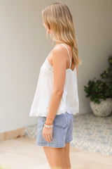 Mireya Cami - Lace Trim Top with Adjustable Spaghetti Straps in White