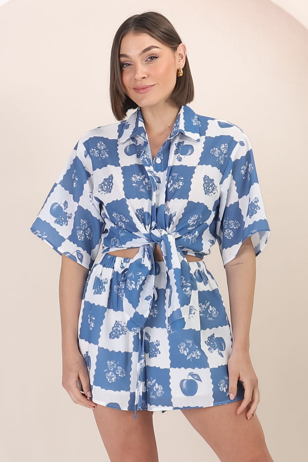 Mirian Button Up Shirt And Shorts Set - Flux Print in Blue