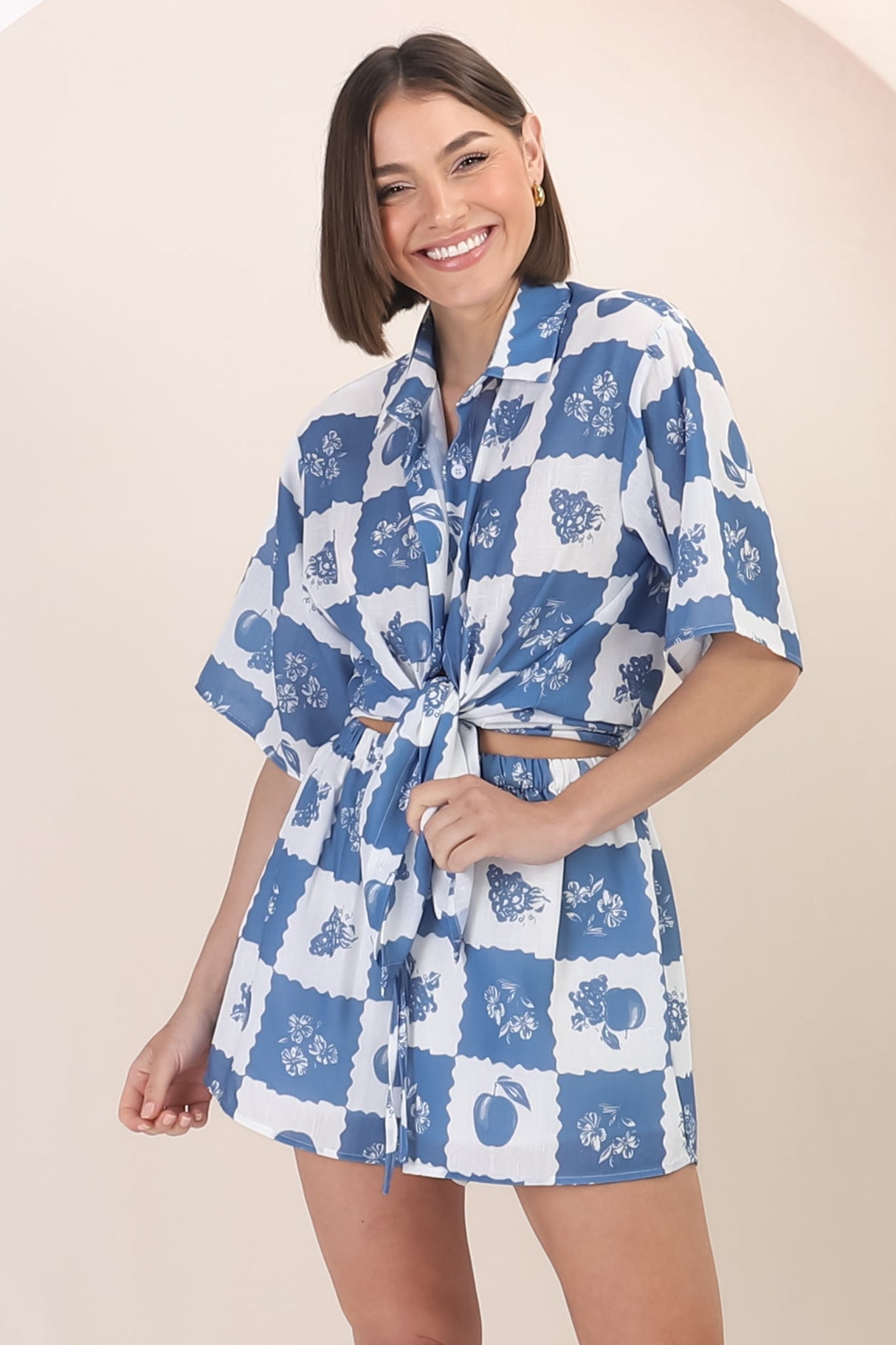 Mirian Button Up Shirt And Shorts Set - Flux Print in Blue